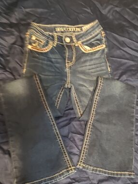 Dark Blue Girls' Bootcut Jeans with Contrast Stitching (Adjustable)